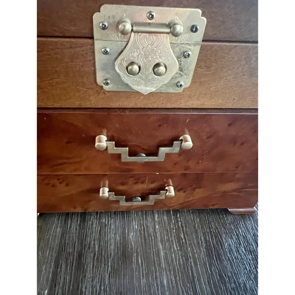 Vintage Burl Wood Jewelry Box Chest Brass Hardware 2 Drawers Necklace Hooks 10in